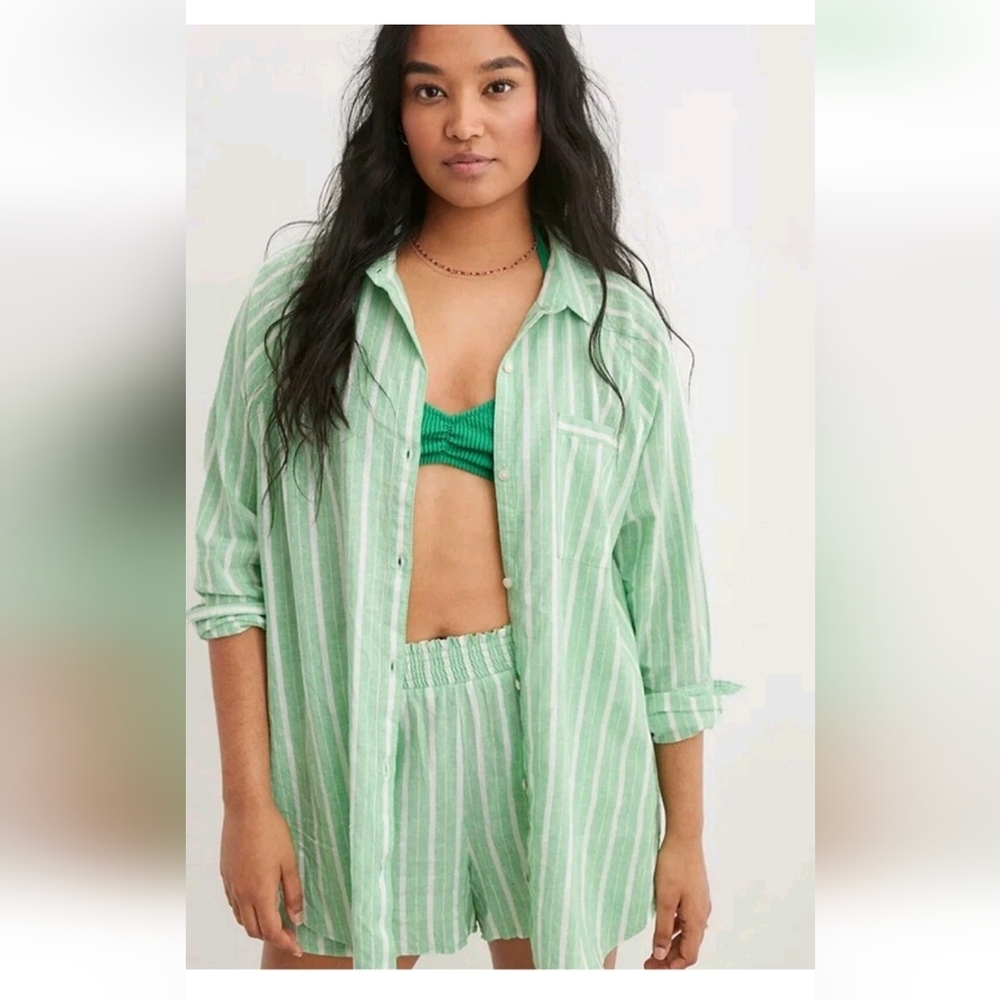 Aerie Linen Blend Cover Up Shirt S Boyfriend Oversized Beachy Vacation #11